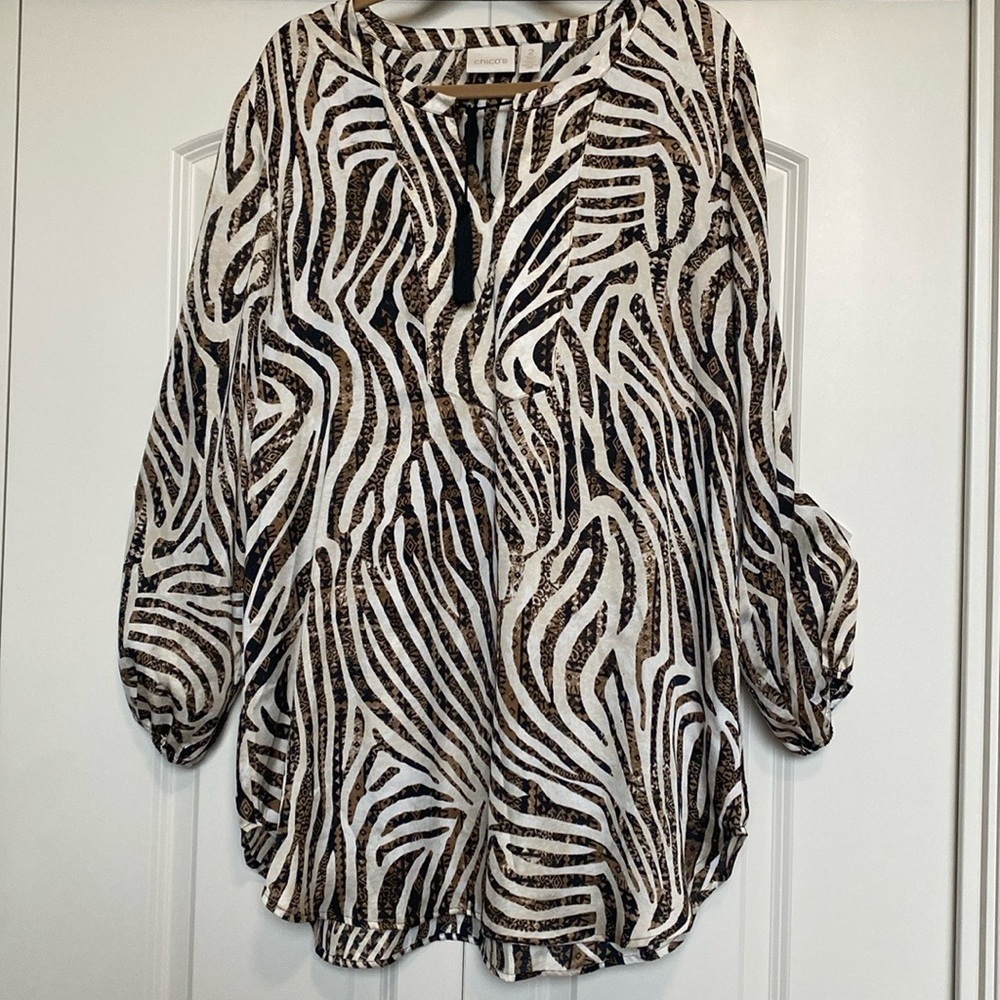 Chico’s Sheer Animal Print Tunic Blouse Top Swim cover Womens Sz 2/L Beach